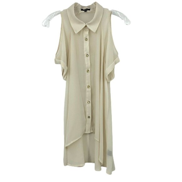 Monteau Top Cream Cold Shoulder High Low Sheer Chiffon Button Up Short Sleeve M - Picture 4 of 9